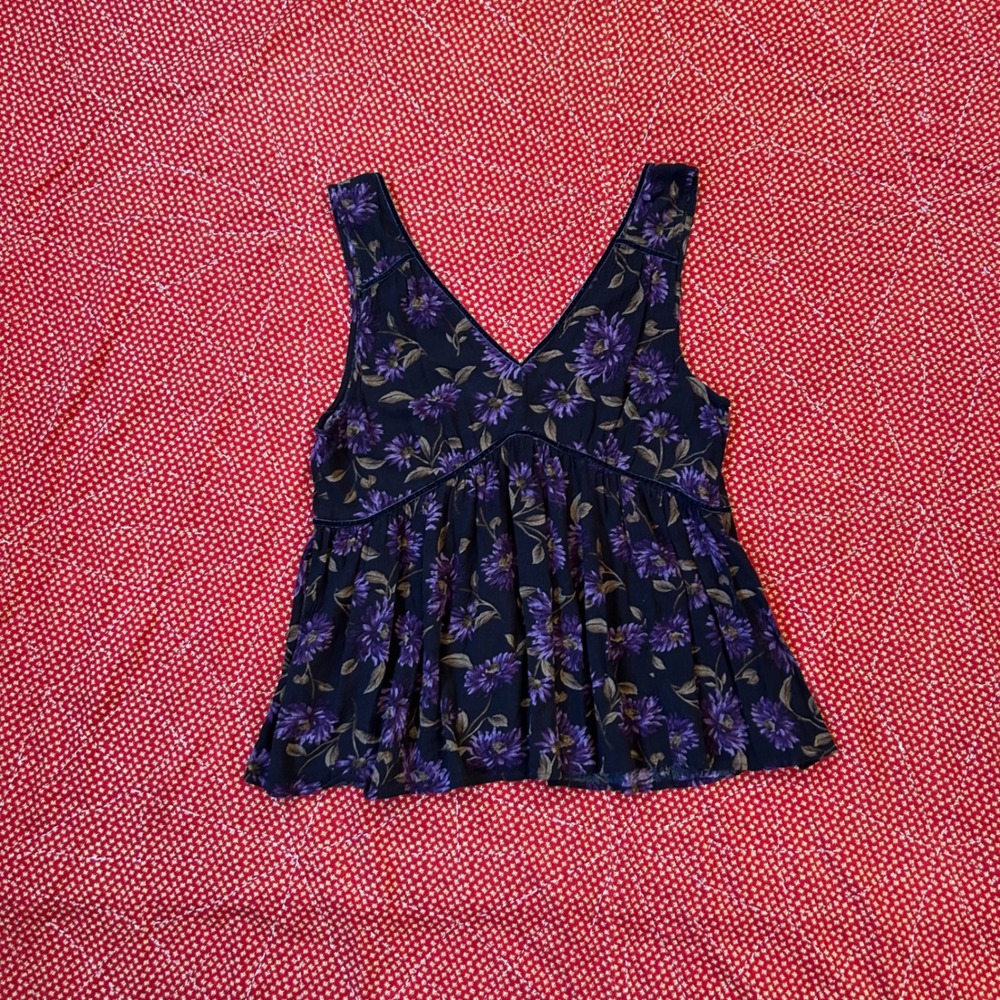 American Eagle Outfitters Floral Babydoll Tank Top V-Neck Purple Black Medium